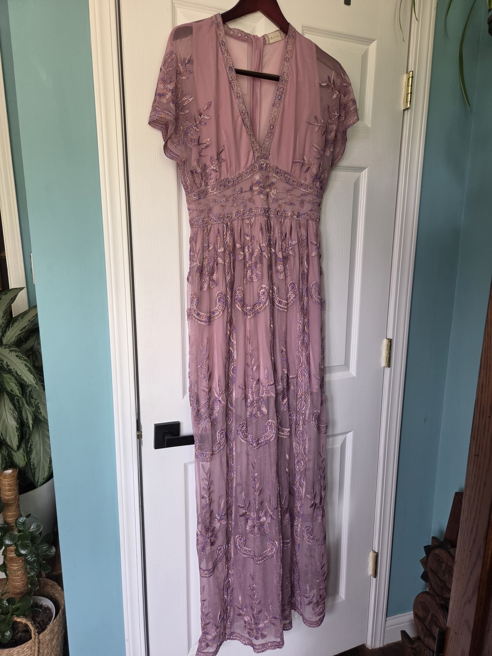Altar'd State Dusty Mauve Beaded V‑Neck Maxi Dress